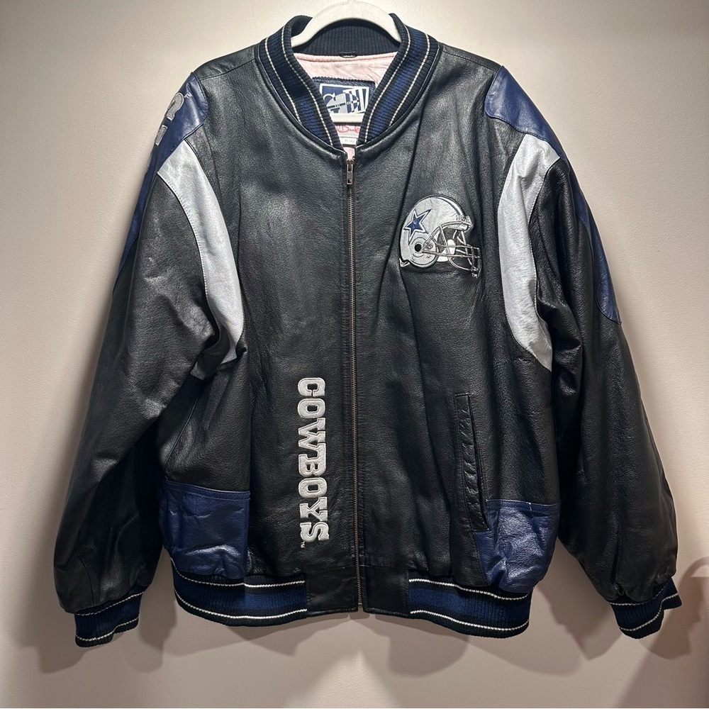 Vintage Carl Banks Dallas Cowboys Black Silver Blue Leather Bomber Jacket XL - Picture 8 of 16